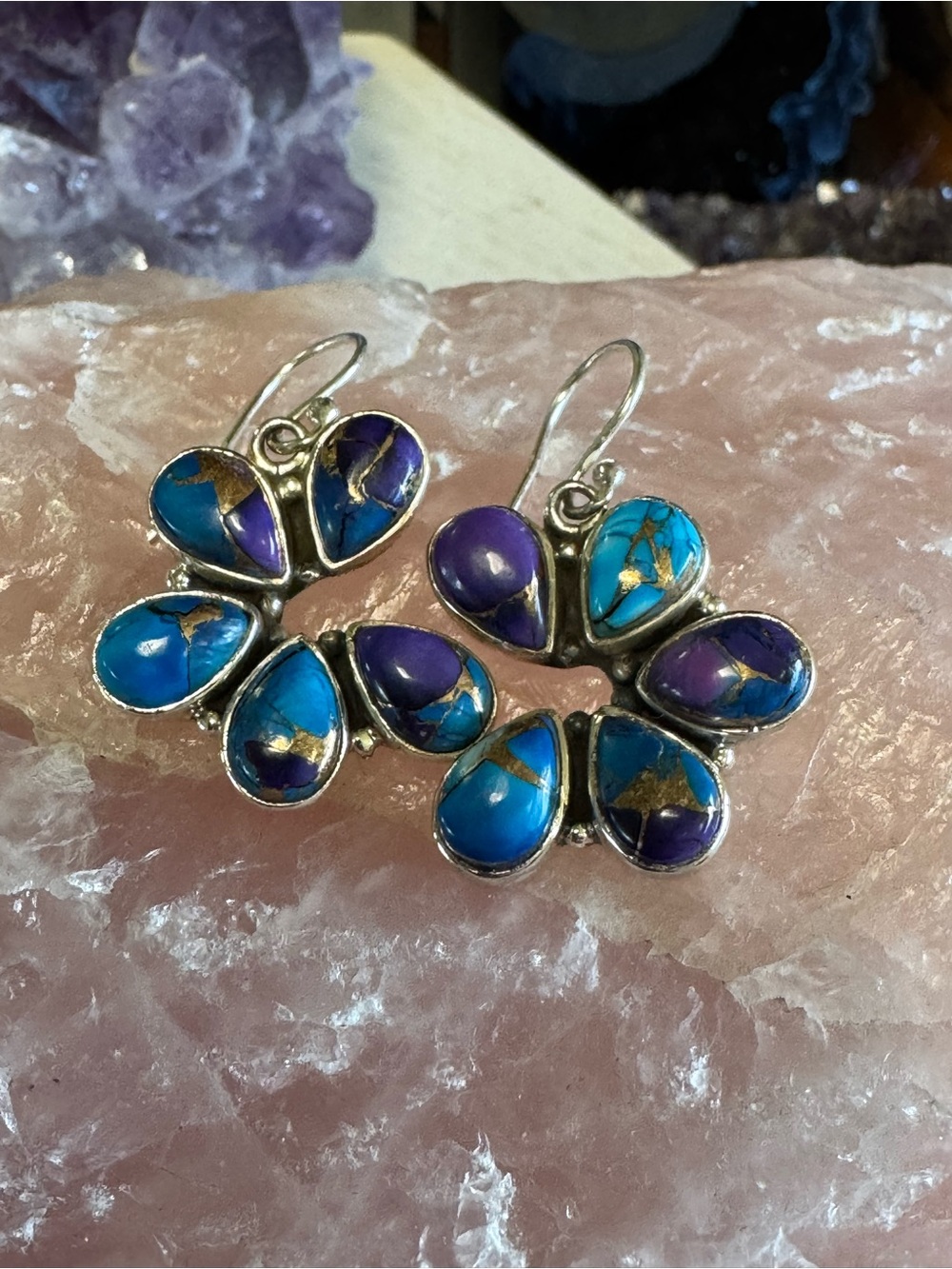 Kingman Purple Turquoise Dahlia Sterling Teardrop Flower Cluster Drop Earrings